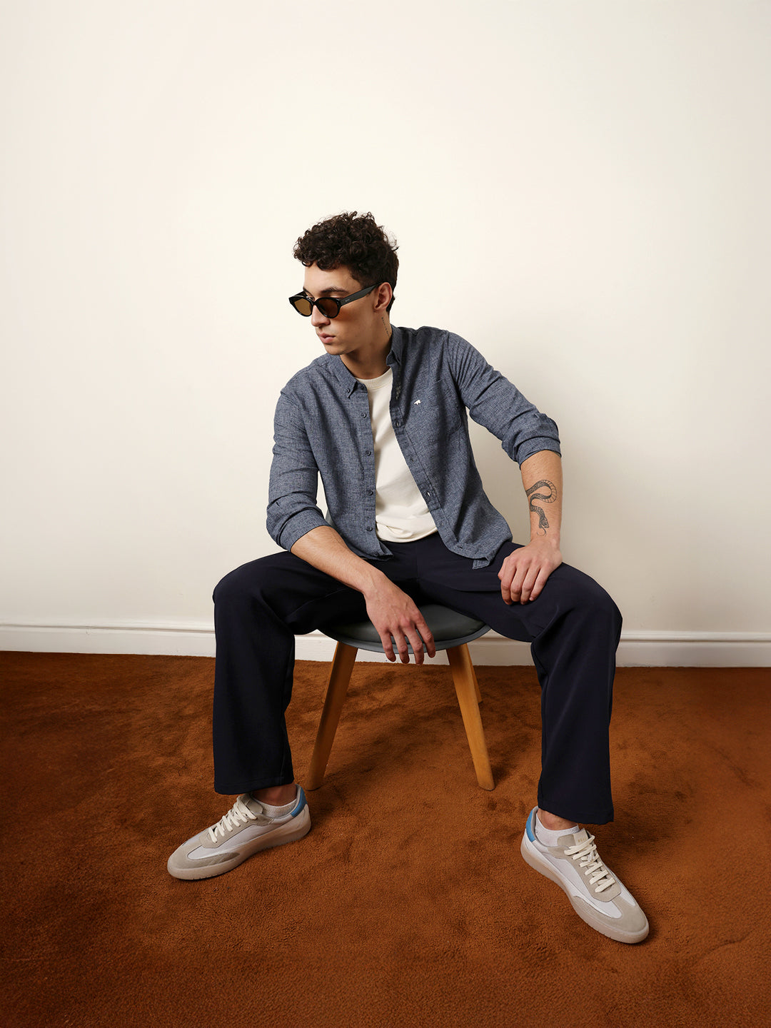 Dark Blue Slub-Textured Woven Slim Fit Casual Shirt