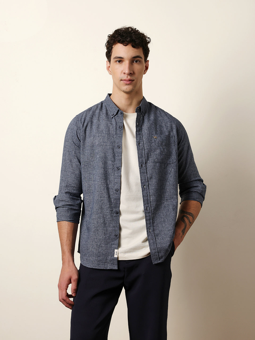 Dark Blue Slub-Textured Woven Slim Fit Casual Shirt