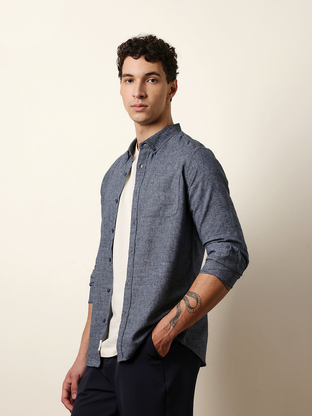 Dark Blue Slub-Textured Woven Slim Fit Casual Shirt