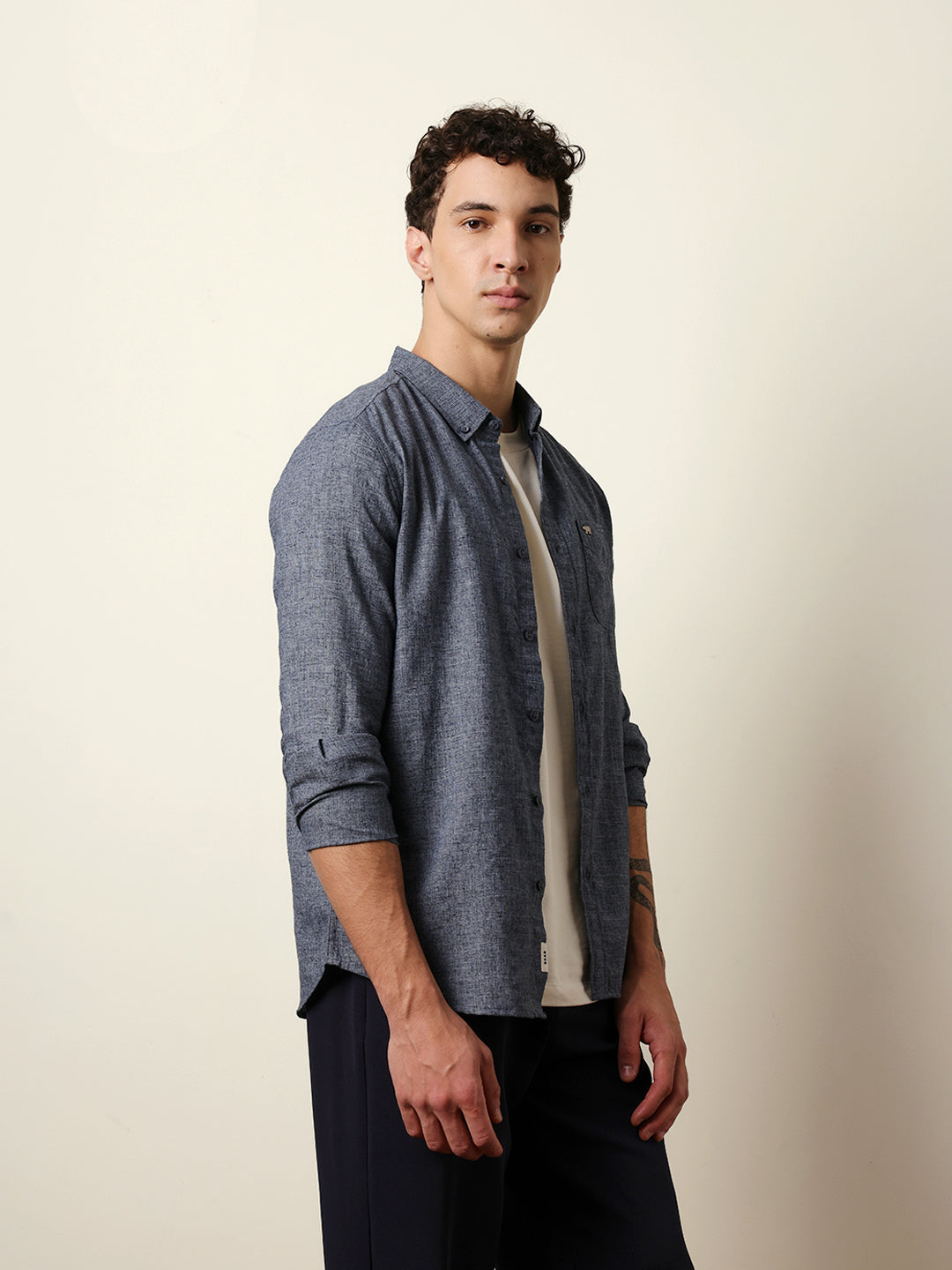 Dark Blue Slub-Textured Woven Slim Fit Casual Shirt