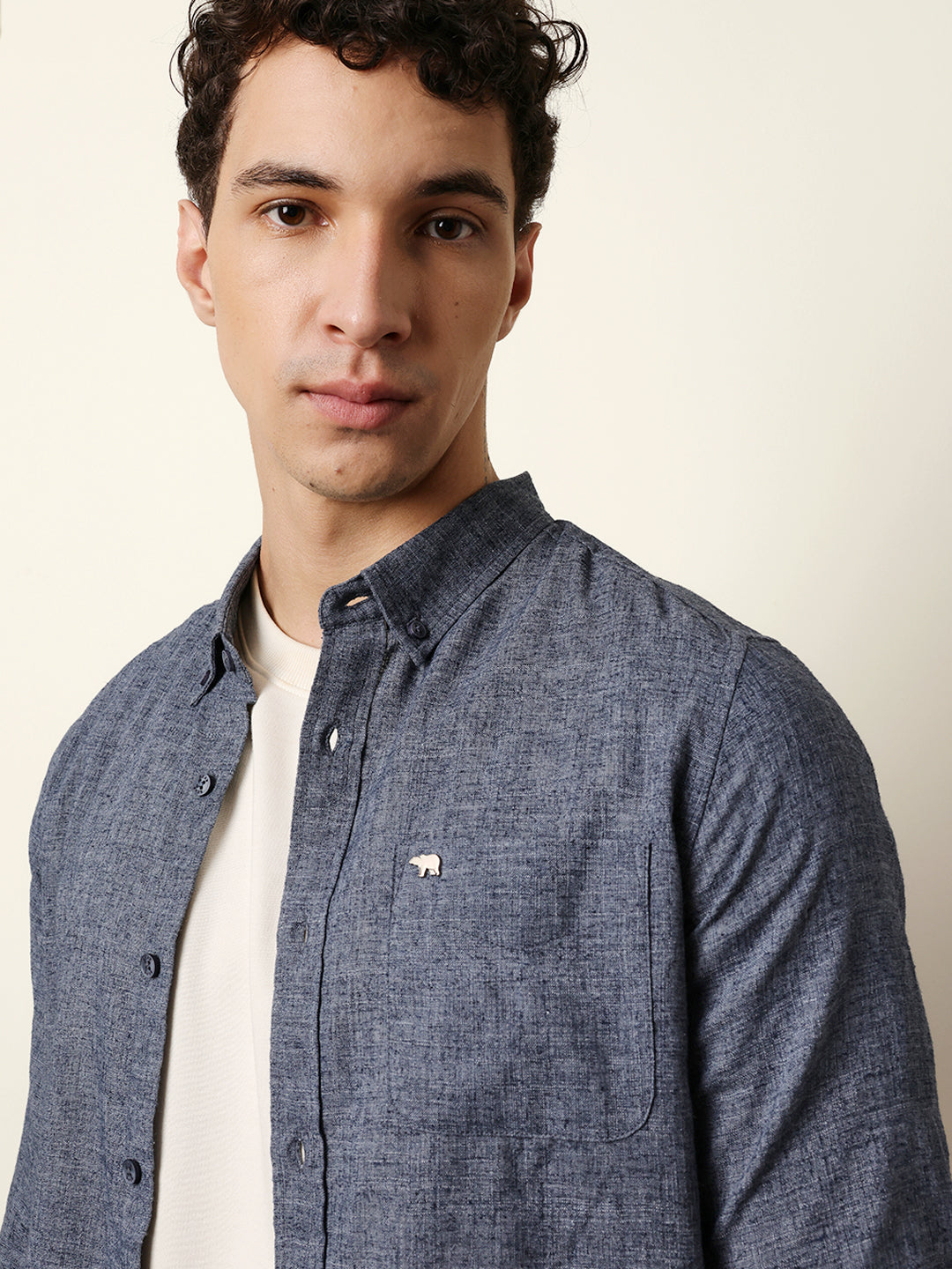 Dark Blue Slub-Textured Woven Slim Fit Casual Shirt