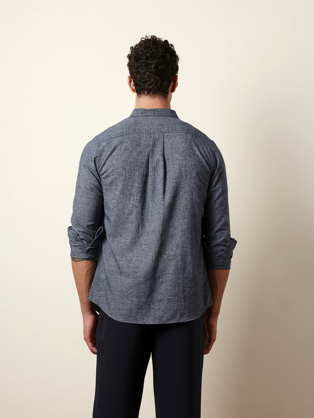 Dark Blue Slub-Textured Woven Slim Fit Casual Shirt