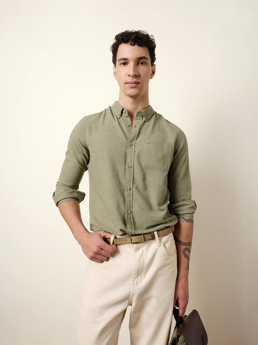 Green Slub-Textured Woven Slim Fit Casual Shirt