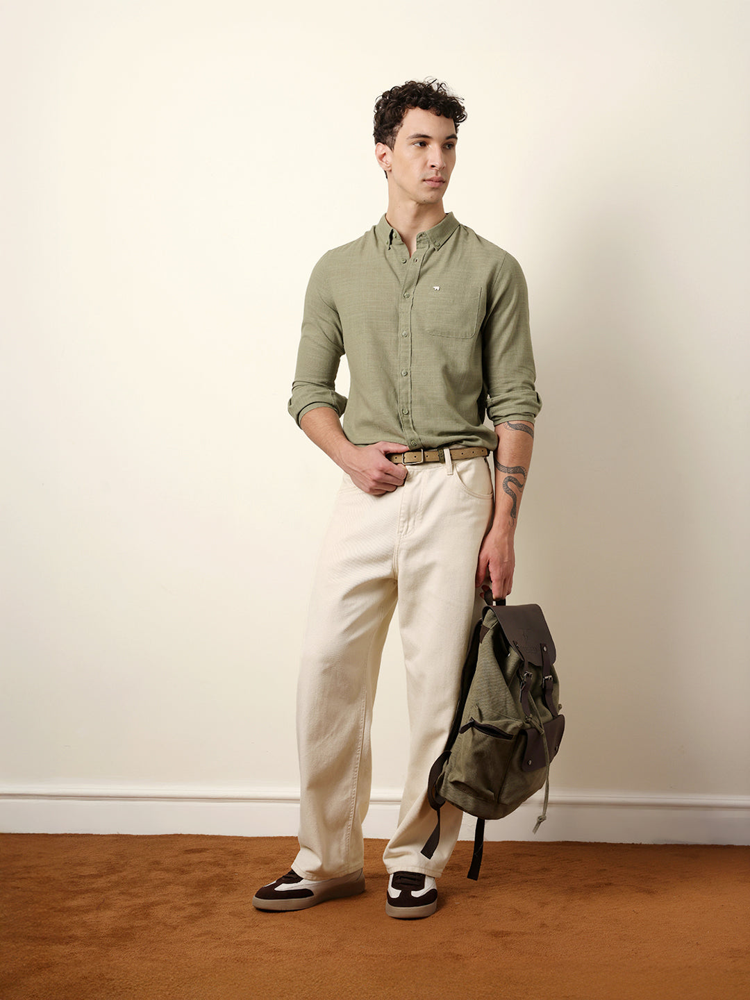 Green Slub-Textured Woven Slim Fit Casual Shirt