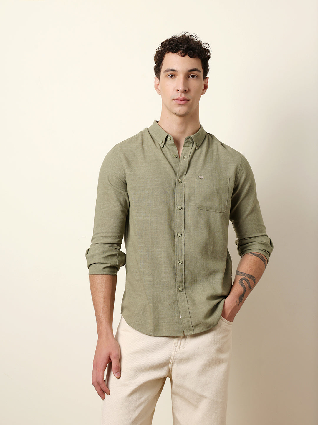Green Slub-Textured Woven Slim Fit Casual Shirt