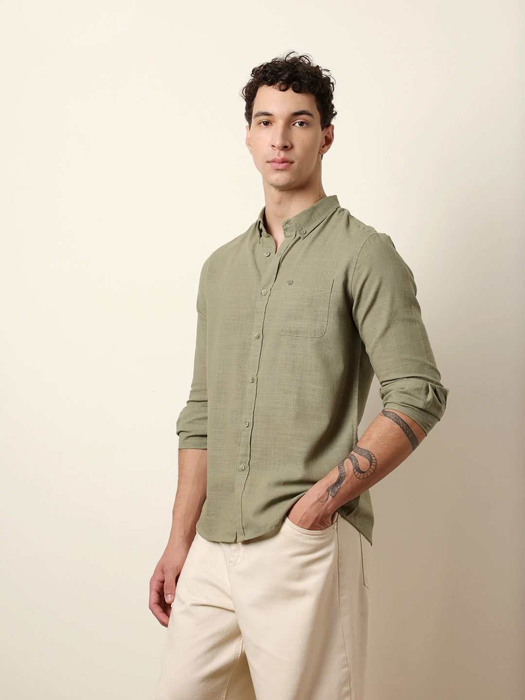 Green Slub-Textured Woven Slim Fit Casual Shirt