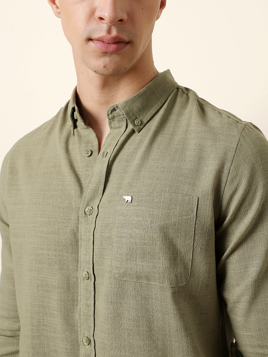 Green Slub-Textured Woven Slim Fit Casual Shirt