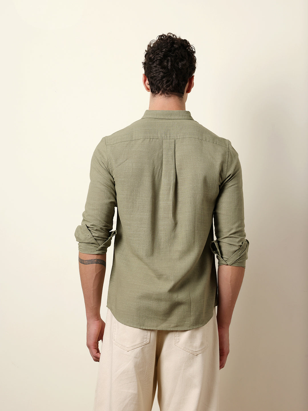 Green Slub-Textured Woven Slim Fit Casual Shirt
