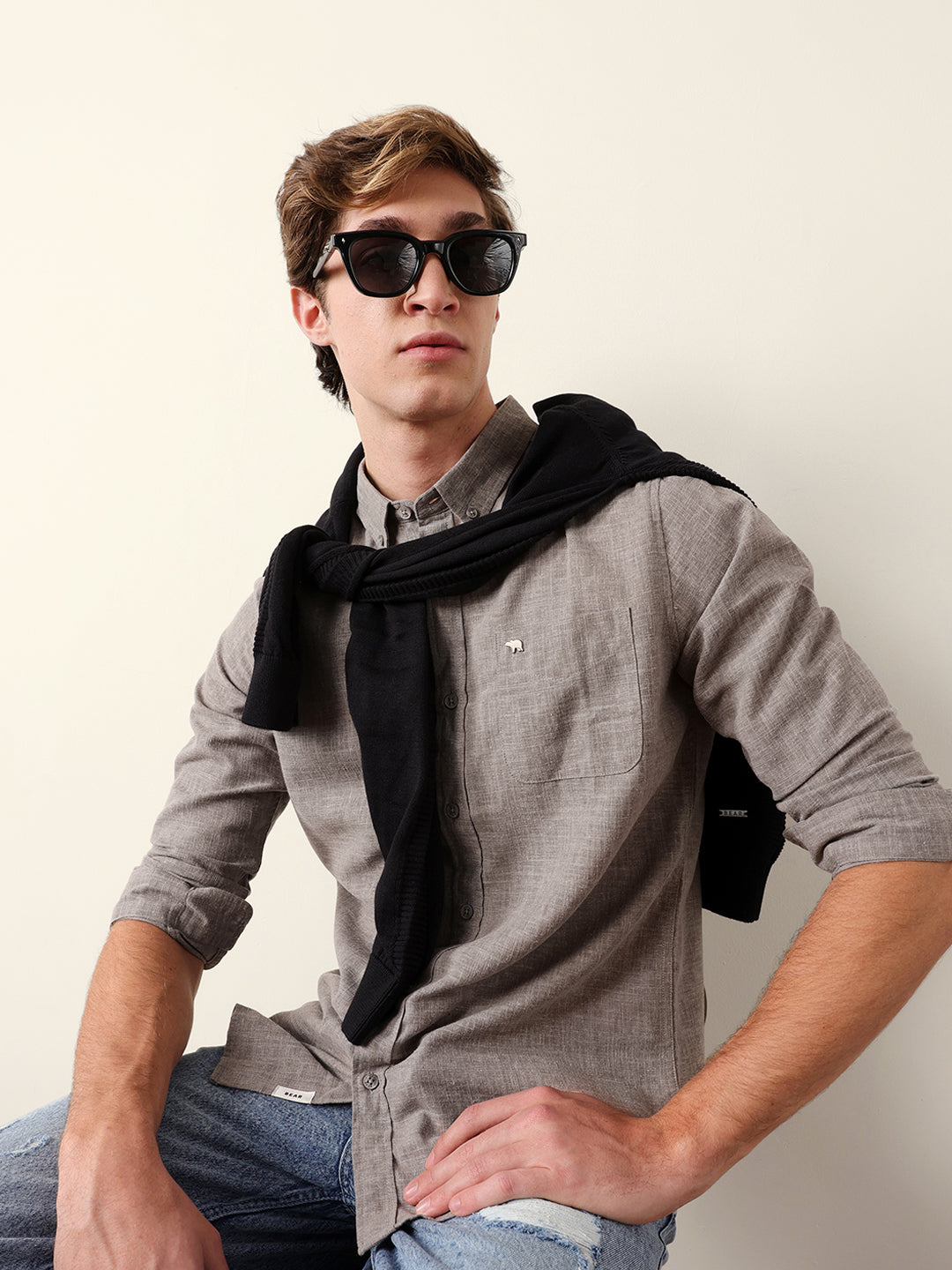 Grey Slub-Textured Woven Slim Fit Casual Shirt