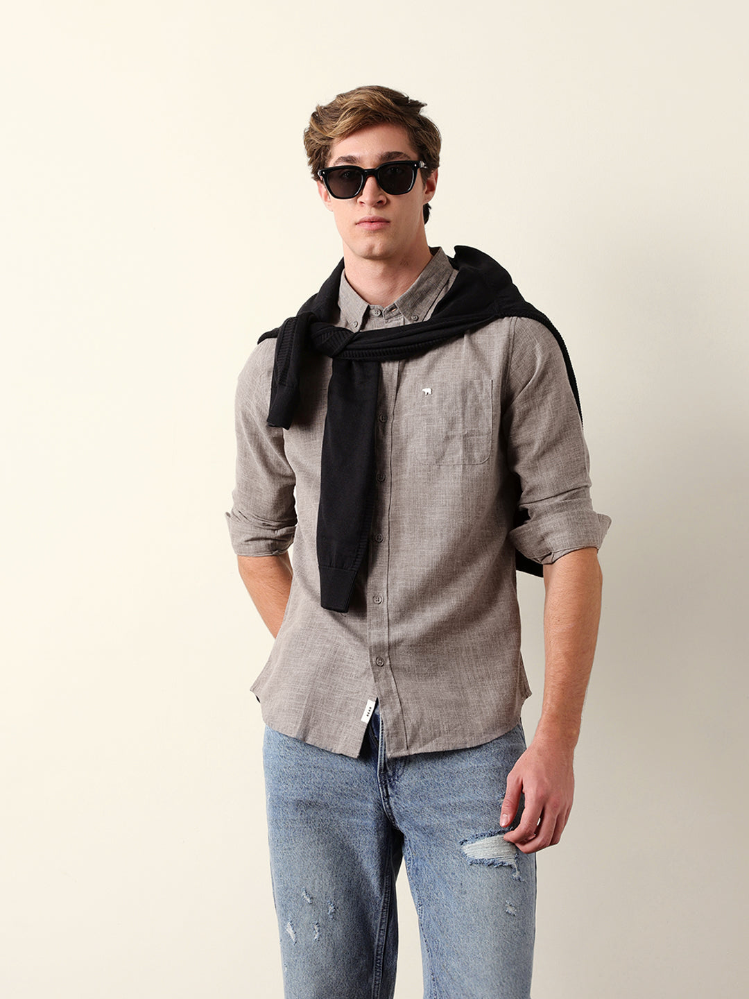 Grey Slub-Textured Woven Slim Fit Casual Shirt