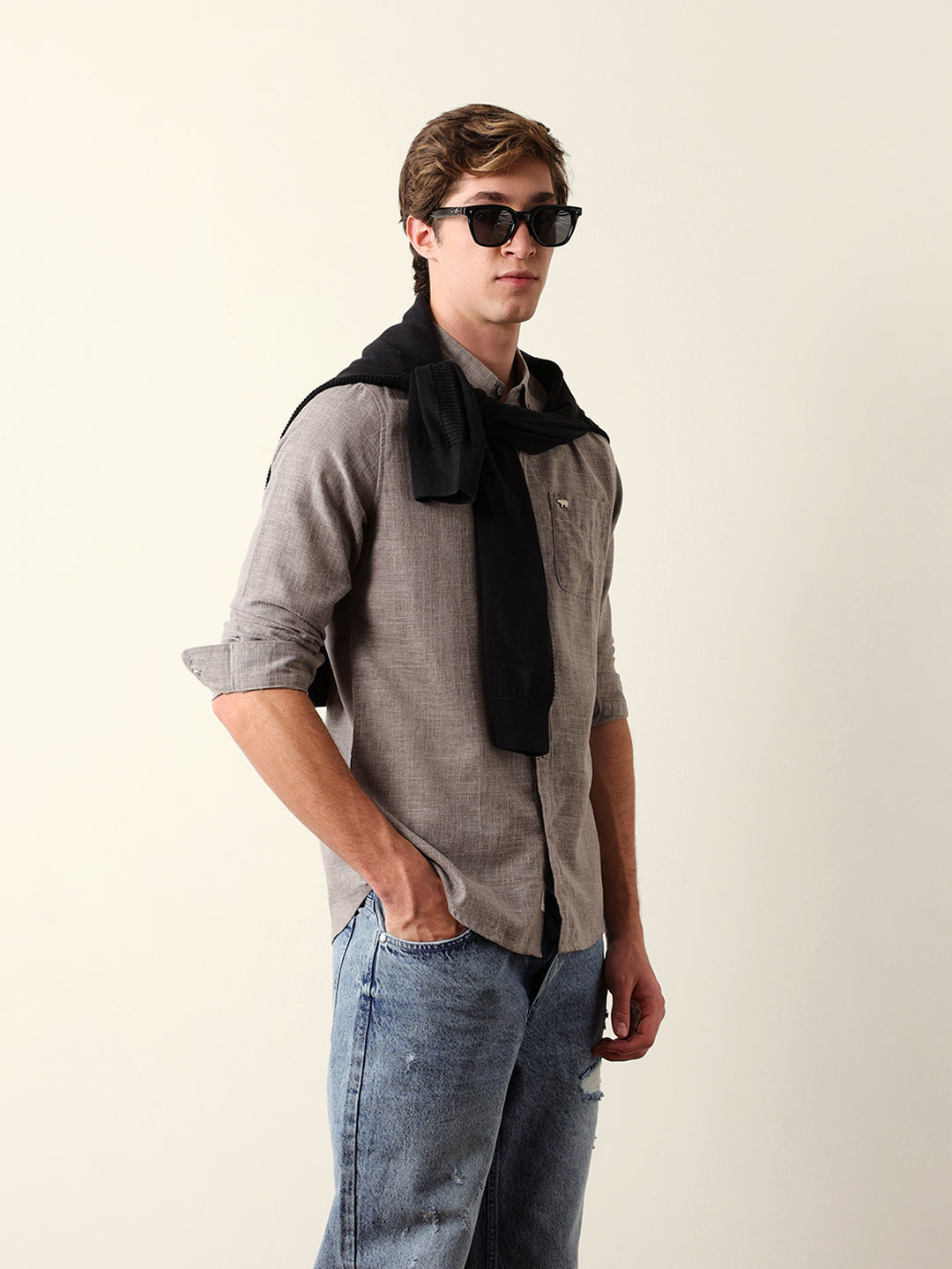 Grey Slub-Textured Woven Slim Fit Casual Shirt