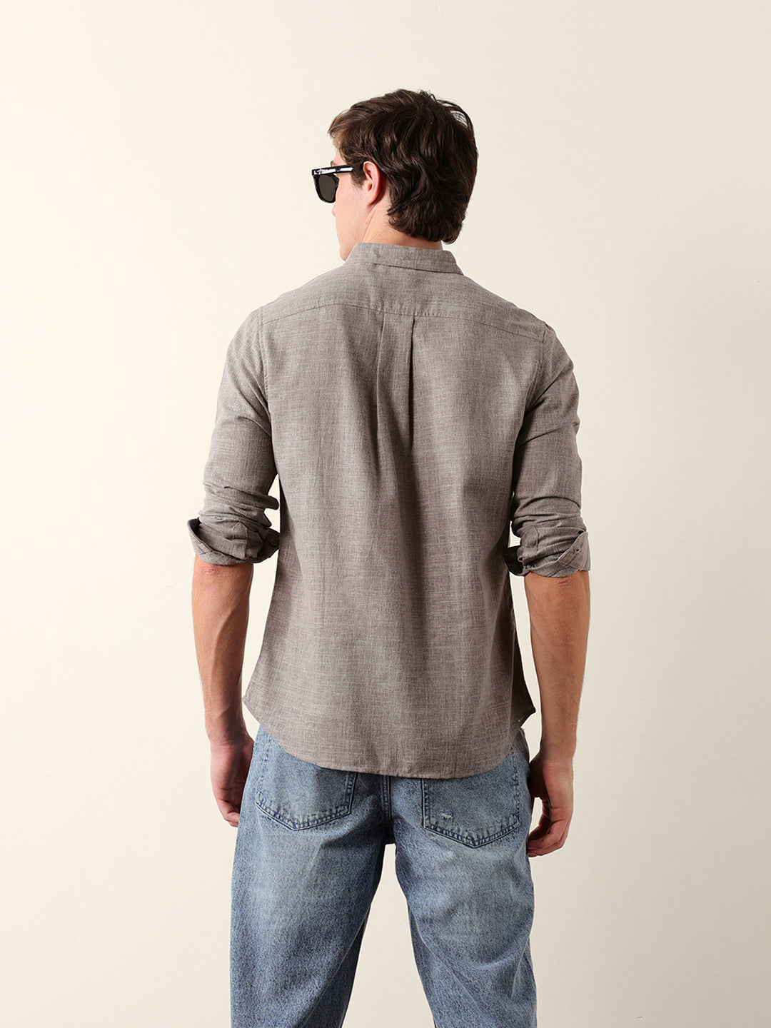 Grey Slub-Textured Woven Slim Fit Casual Shirt