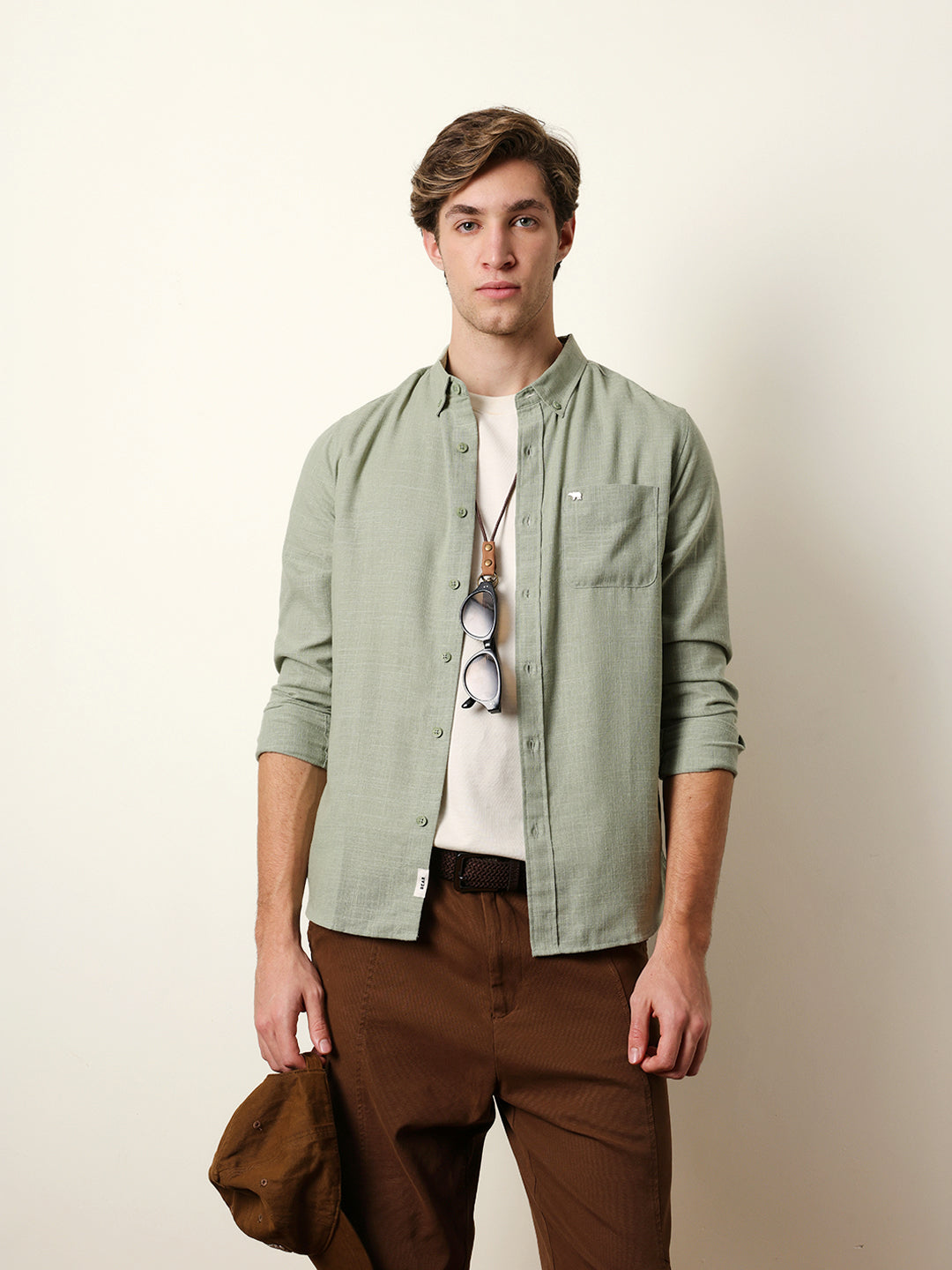 Light Green Slub-Textured Woven Slim Fit Casual Shirt