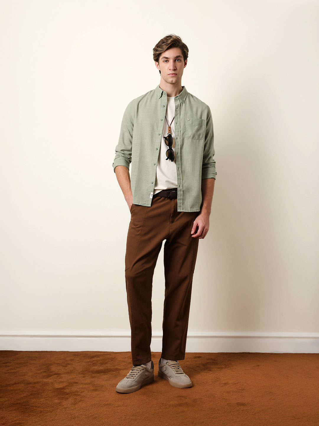 Light Green Slub-Textured Woven Slim Fit Casual Shirt