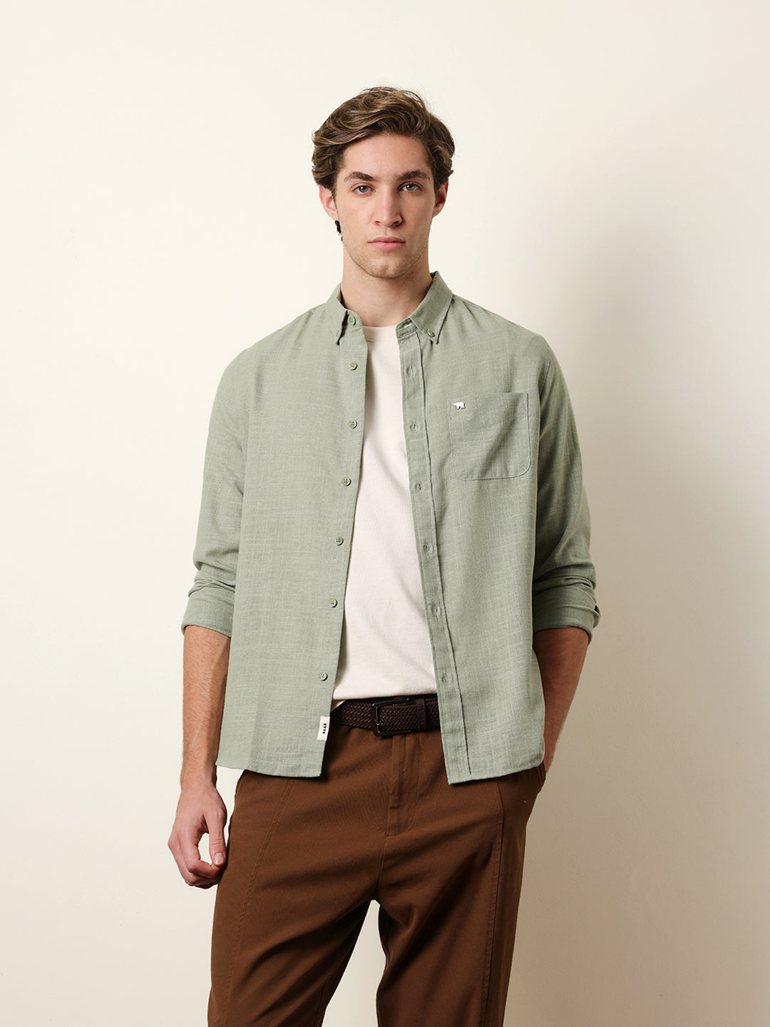 Light Green Slub-Textured Woven Slim Fit Casual Shirt