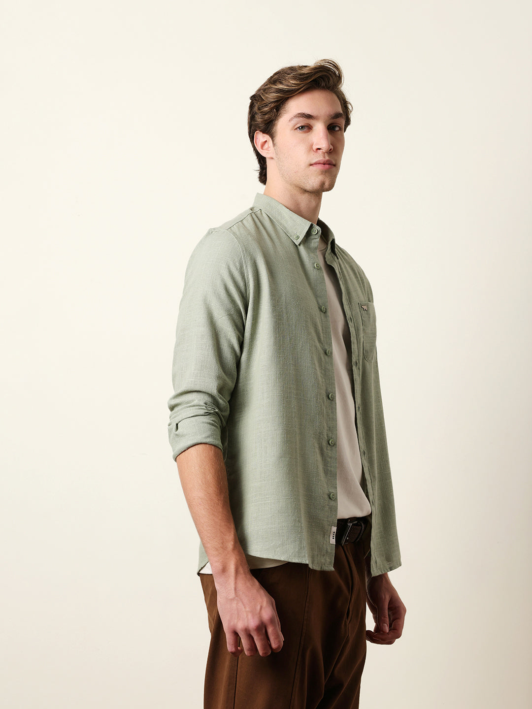 Light Green Slub-Textured Woven Slim Fit Casual Shirt