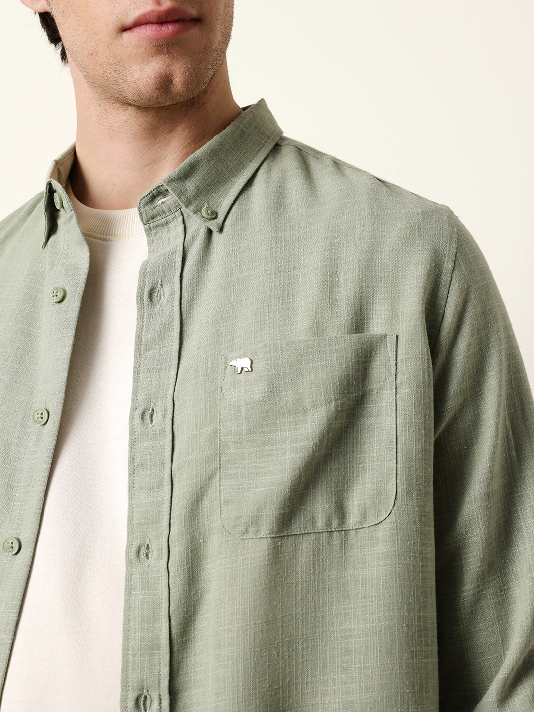 Light Green Slub-Textured Woven Slim Fit Casual Shirt