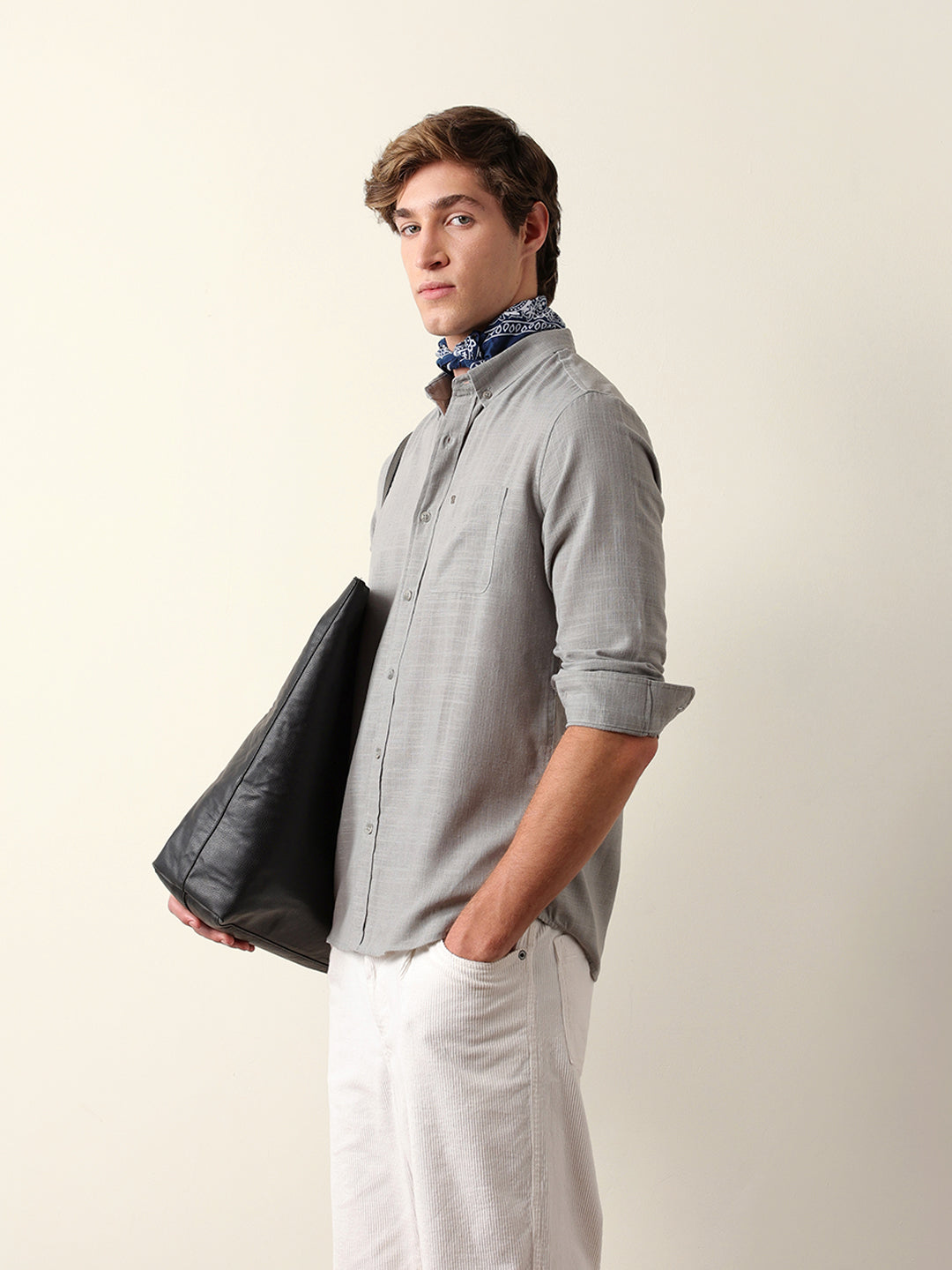Light Grey Slub-Textured Woven Slim Fit Casual Shirt