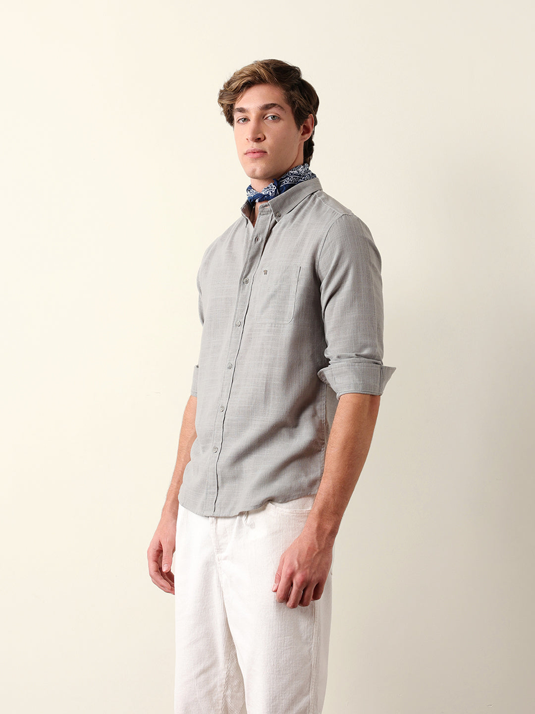 Light Grey Slub-Textured Woven Slim Fit Casual Shirt