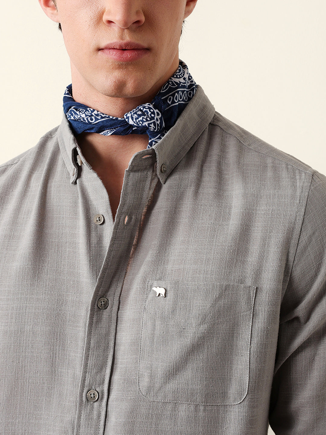 Light Grey Slub-Textured Woven Slim Fit Casual Shirt