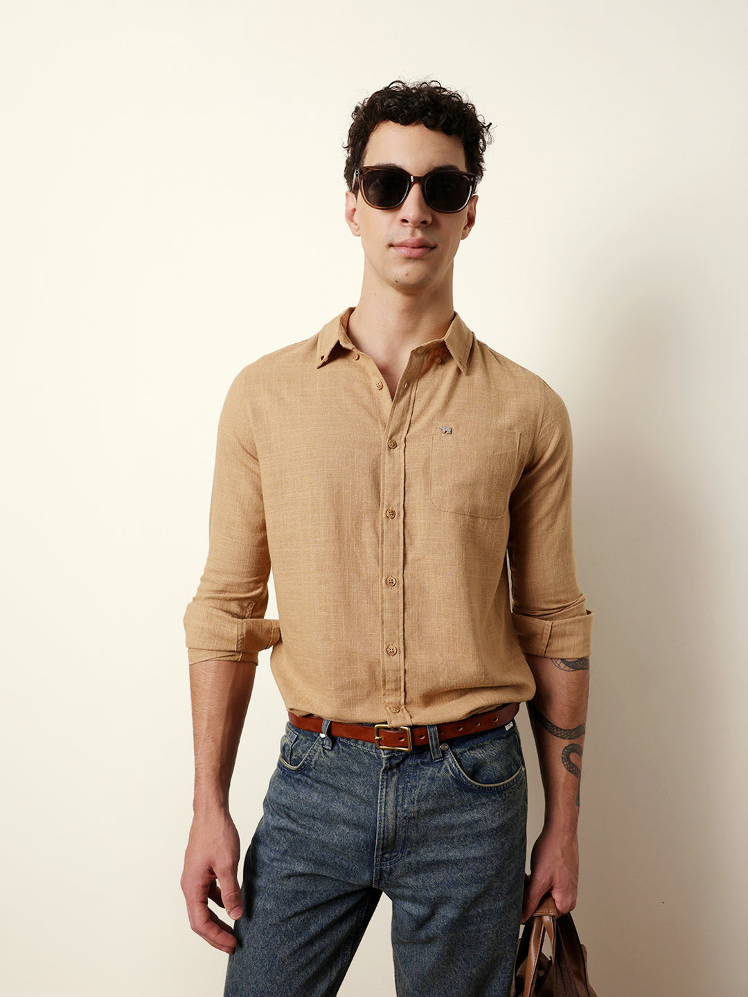 Mustard Slub-Textured Woven Slim Fit Casual Shirt