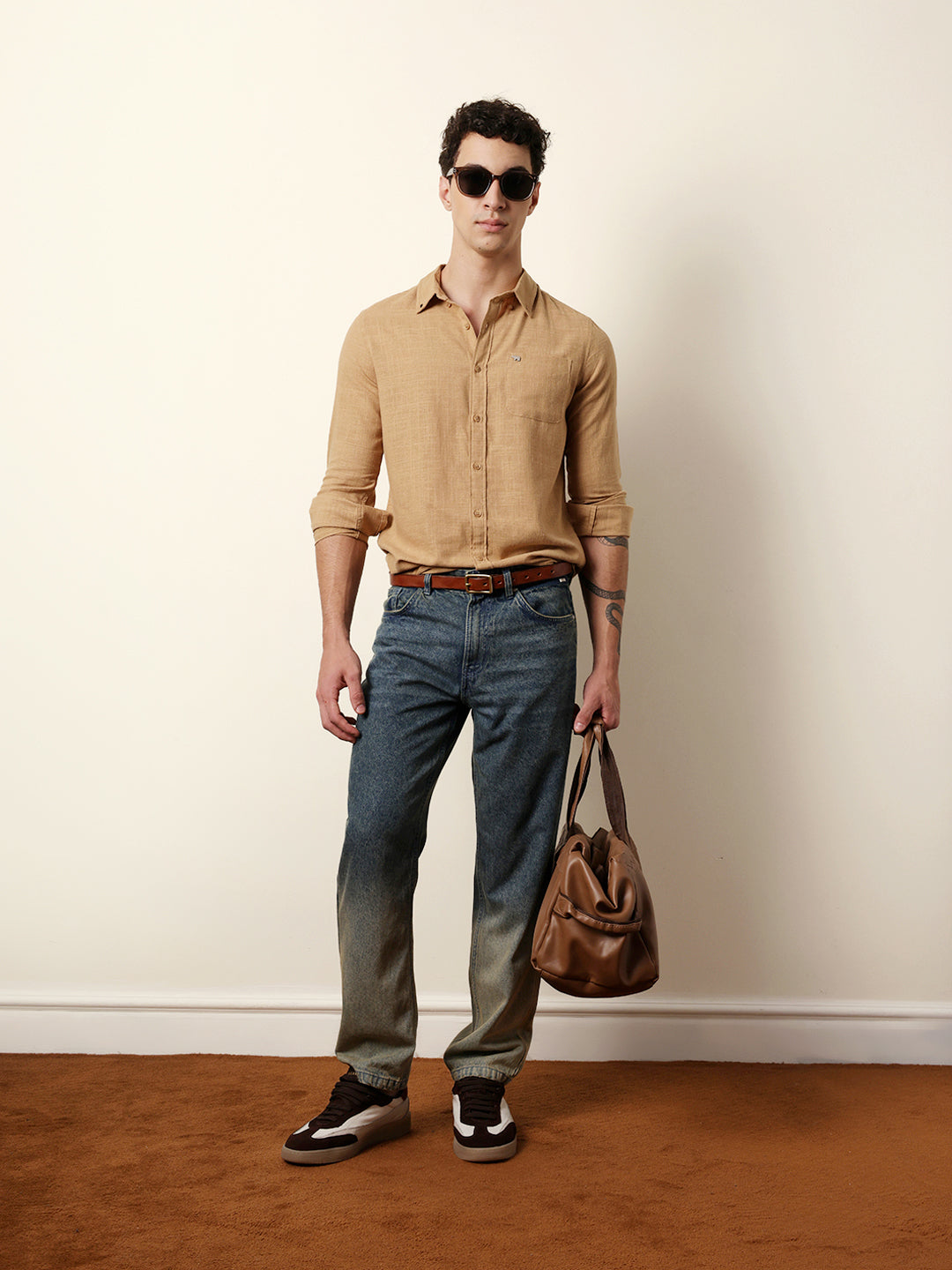 Mustard Slub-Textured Woven Slim Fit Casual Shirt