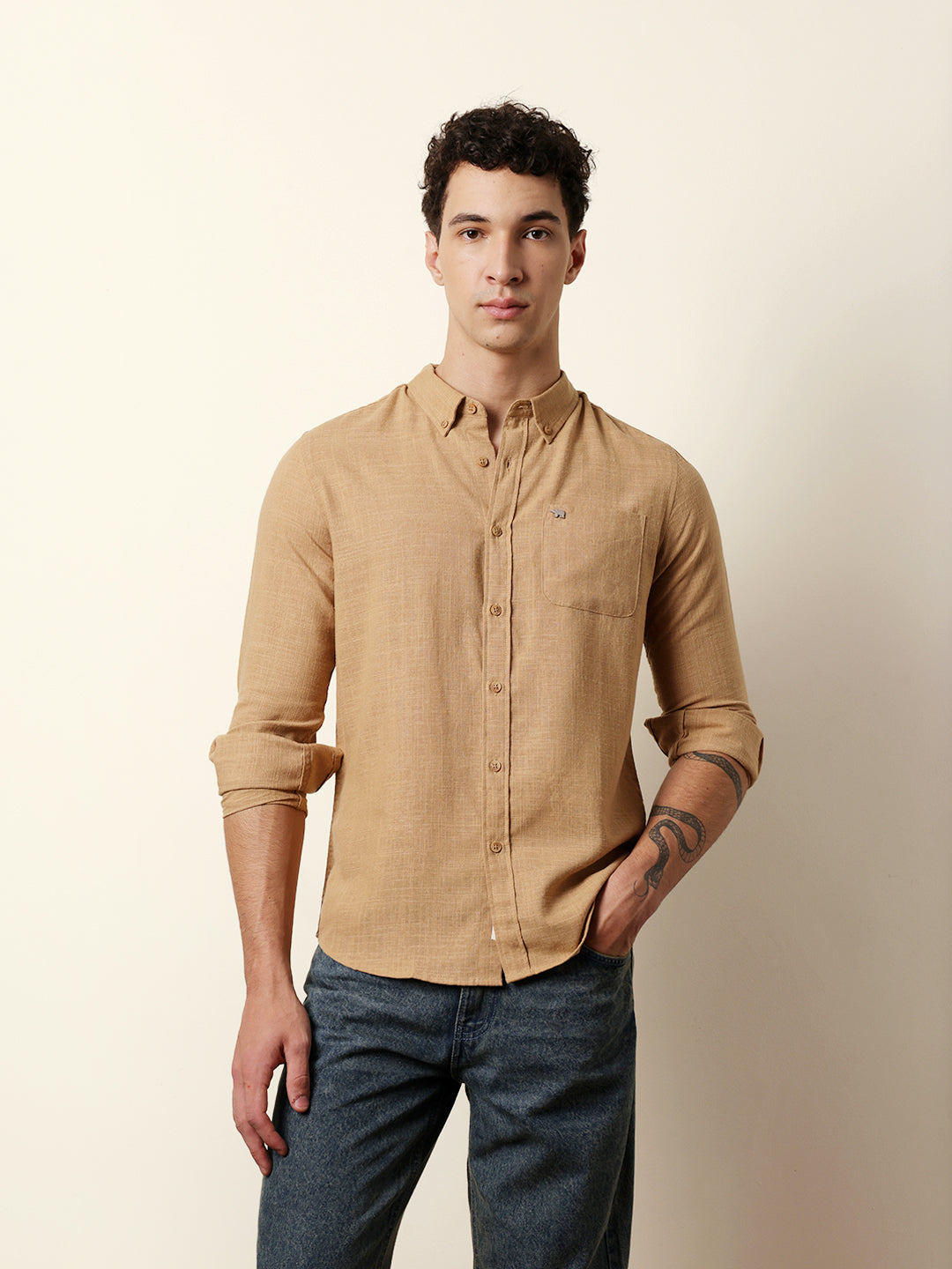 Mustard Slub-Textured Woven Slim Fit Casual Shirt