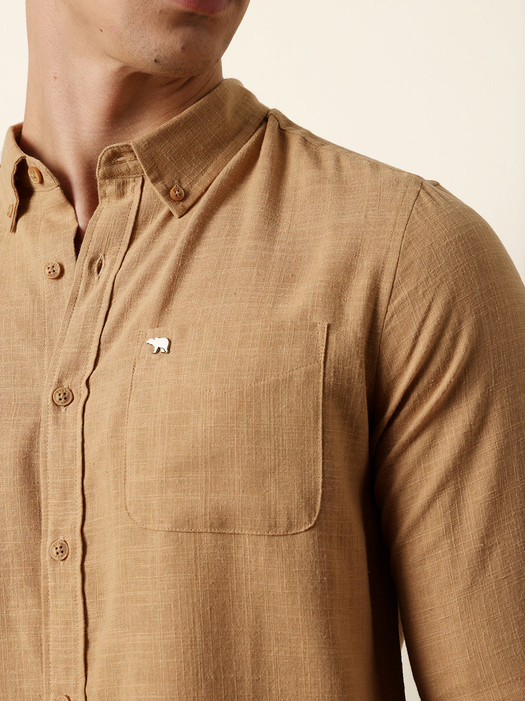 Mustard Slub-Textured Woven Slim Fit Casual Shirt