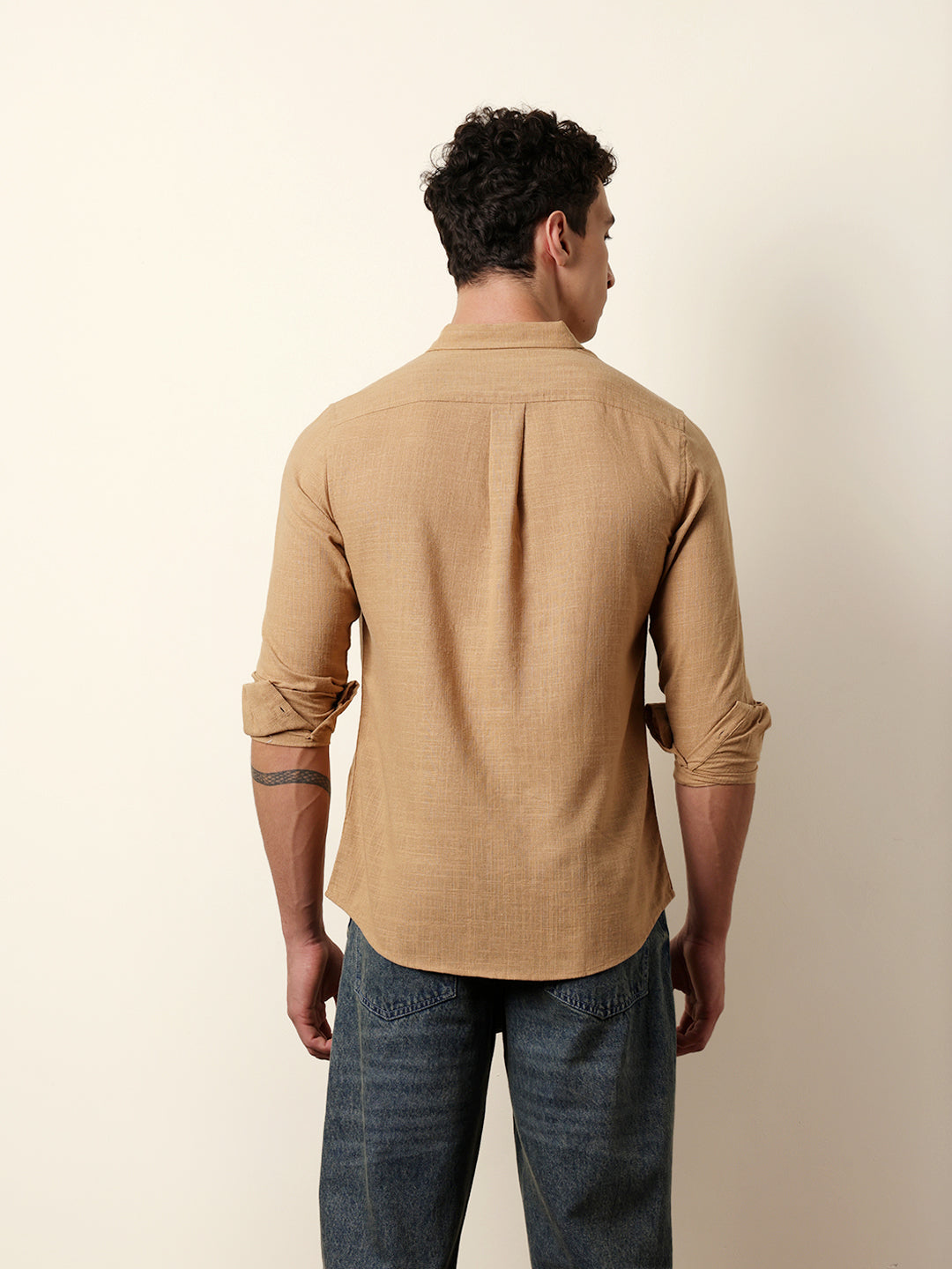 Mustard Slub-Textured Woven Slim Fit Casual Shirt