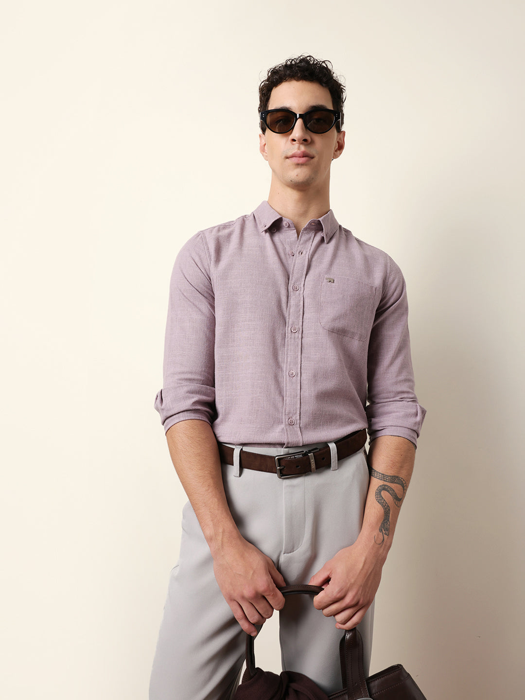 Purple Slub-Textured Woven Slim Fit Casual Shirt