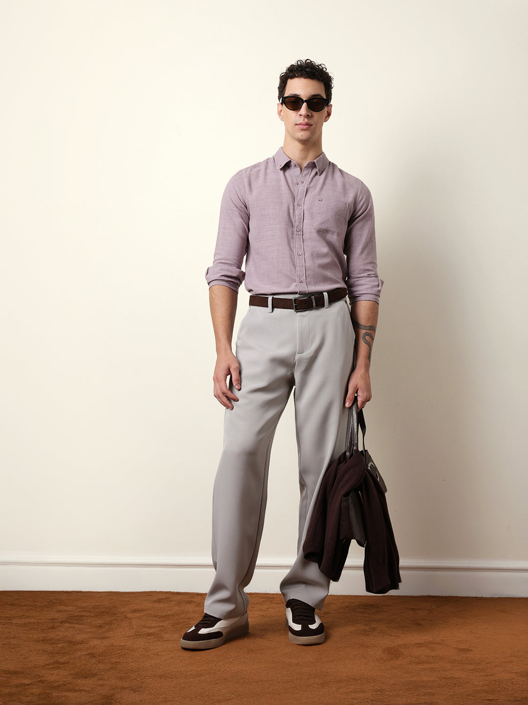 Purple Slub-Textured Woven Slim Fit Casual Shirt