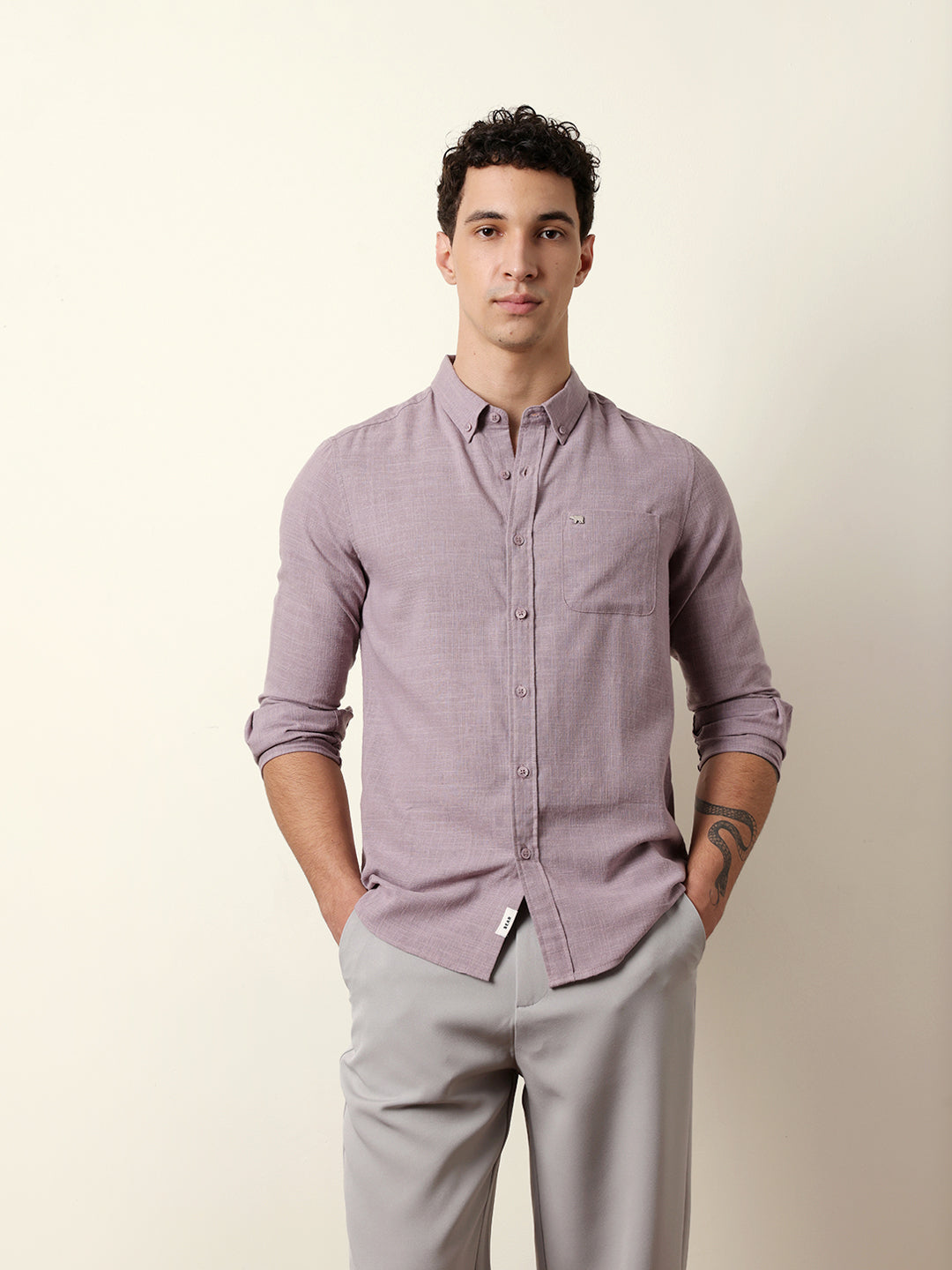 Purple Slub-Textured Woven Slim Fit Casual Shirt