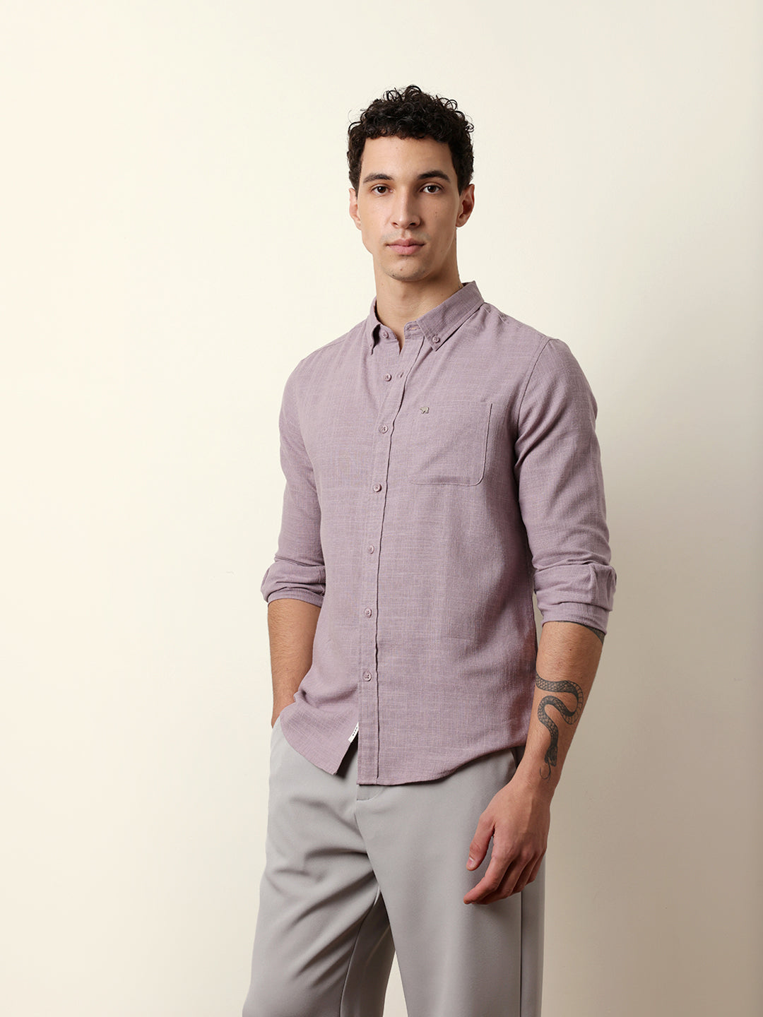 Purple Slub-Textured Woven Slim Fit Casual Shirt