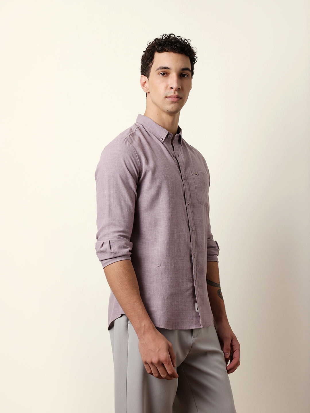 Purple Slub-Textured Woven Slim Fit Casual Shirt