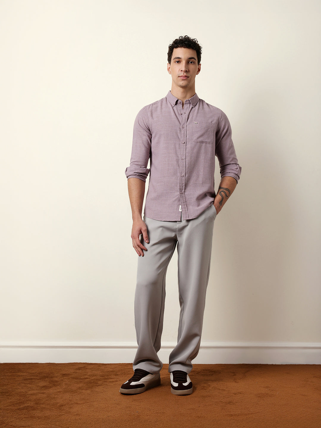 Purple Slub-Textured Woven Slim Fit Casual Shirt