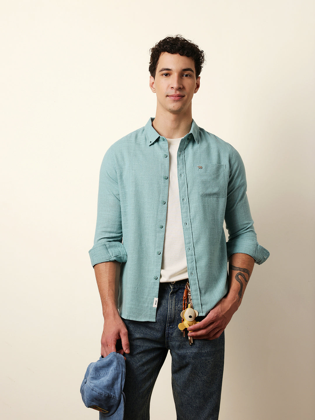 Teal Slub-Textured Woven Slim Fit Casual Shirt