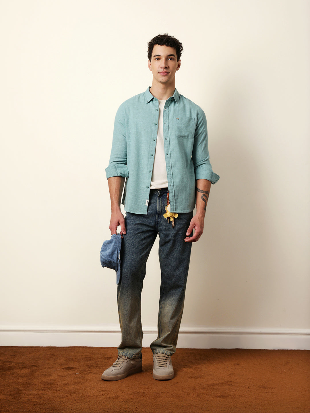Teal Slub-Textured Woven Slim Fit Casual Shirt