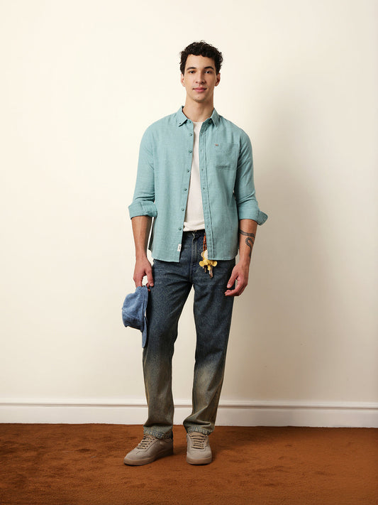 Teal Slub-Textured Woven Slim Fit Casual Shirt