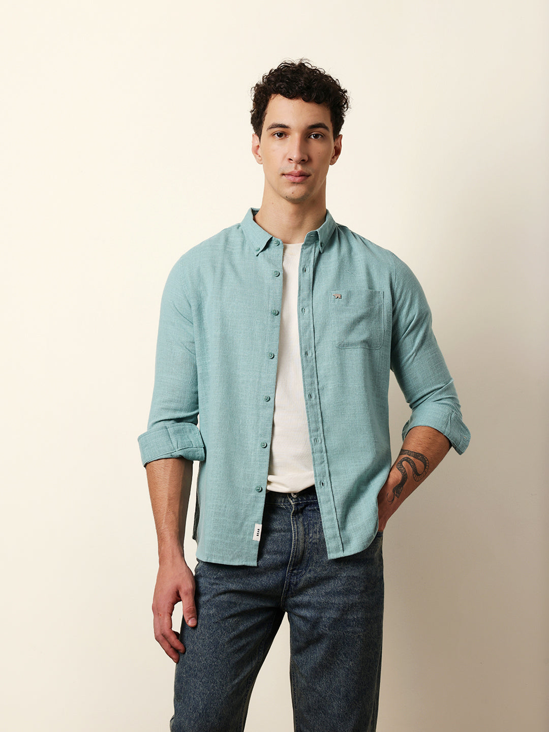 Teal Slub-Textured Woven Slim Fit Casual Shirt