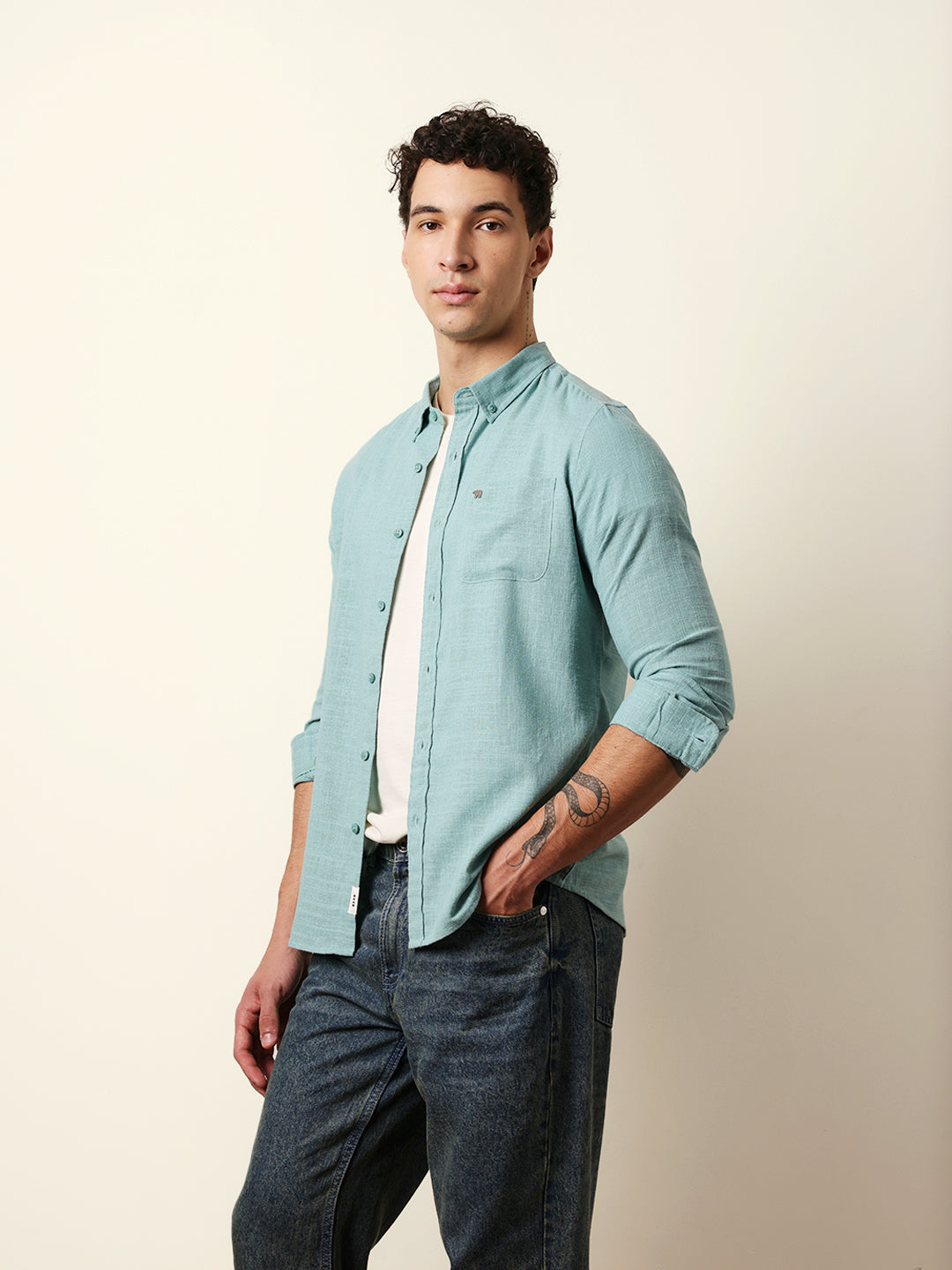Teal Slub-Textured Woven Slim Fit Casual Shirt