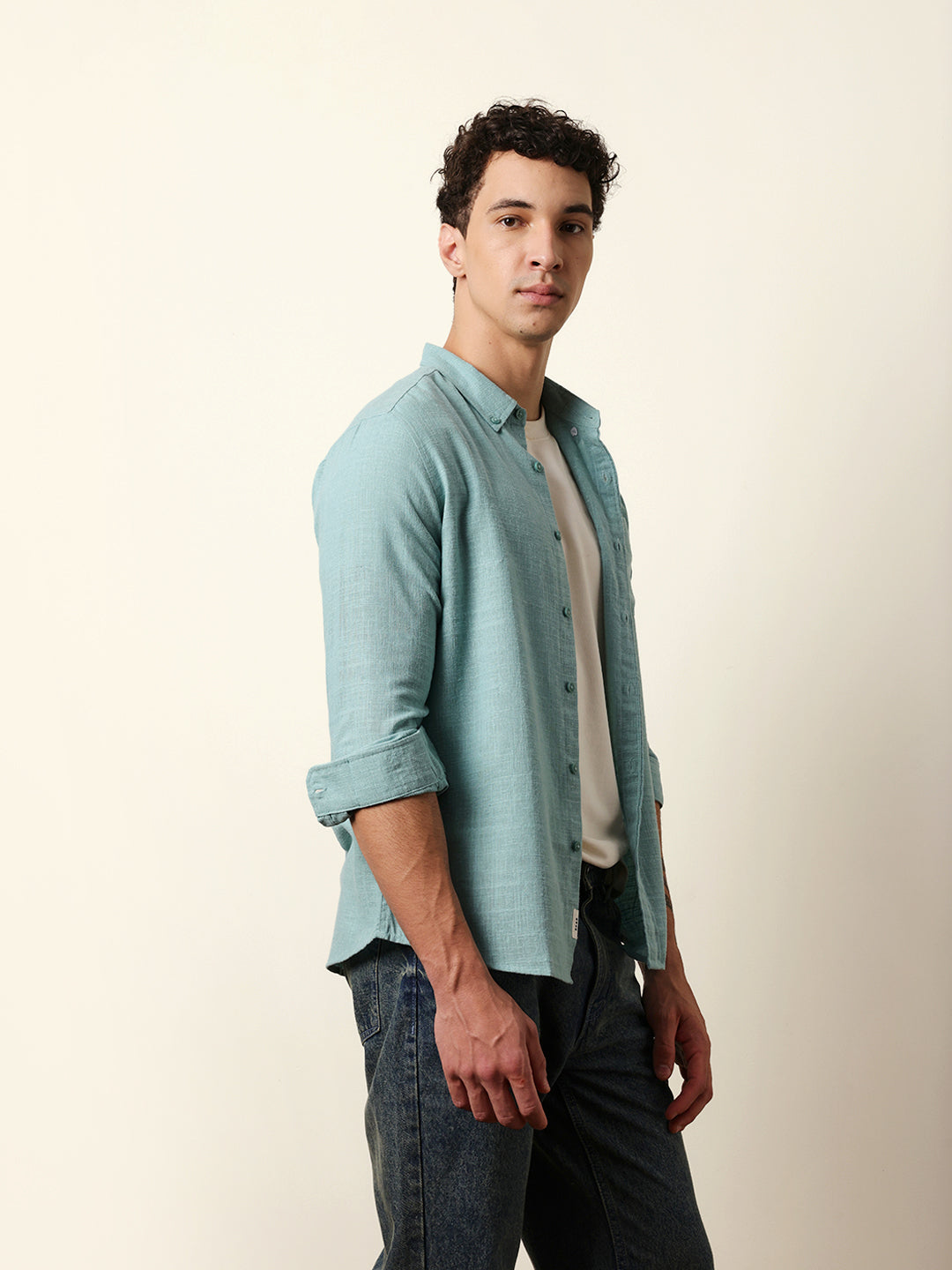 Teal Slub-Textured Woven Slim Fit Casual Shirt