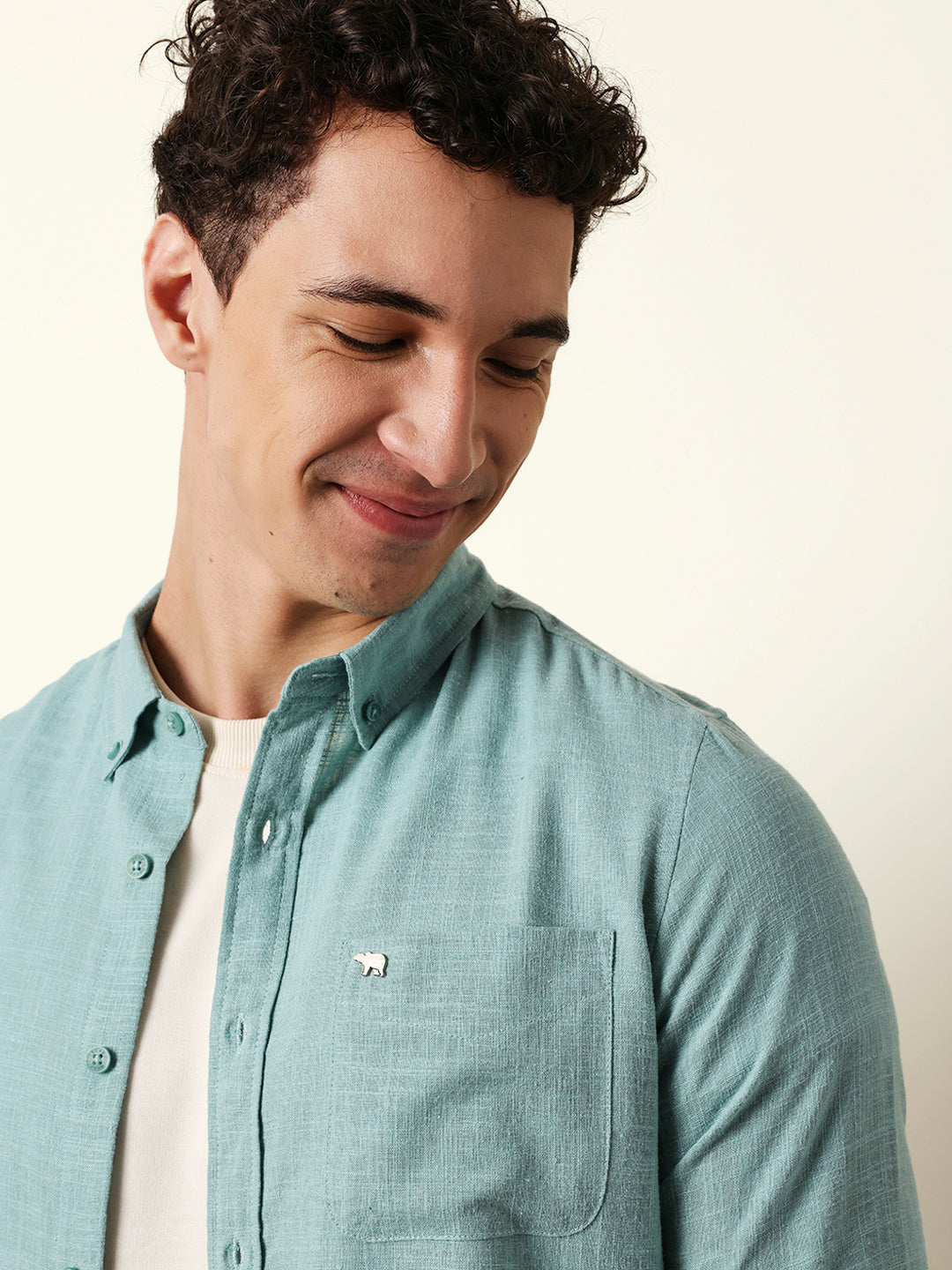 Teal Slub-Textured Woven Slim Fit Casual Shirt