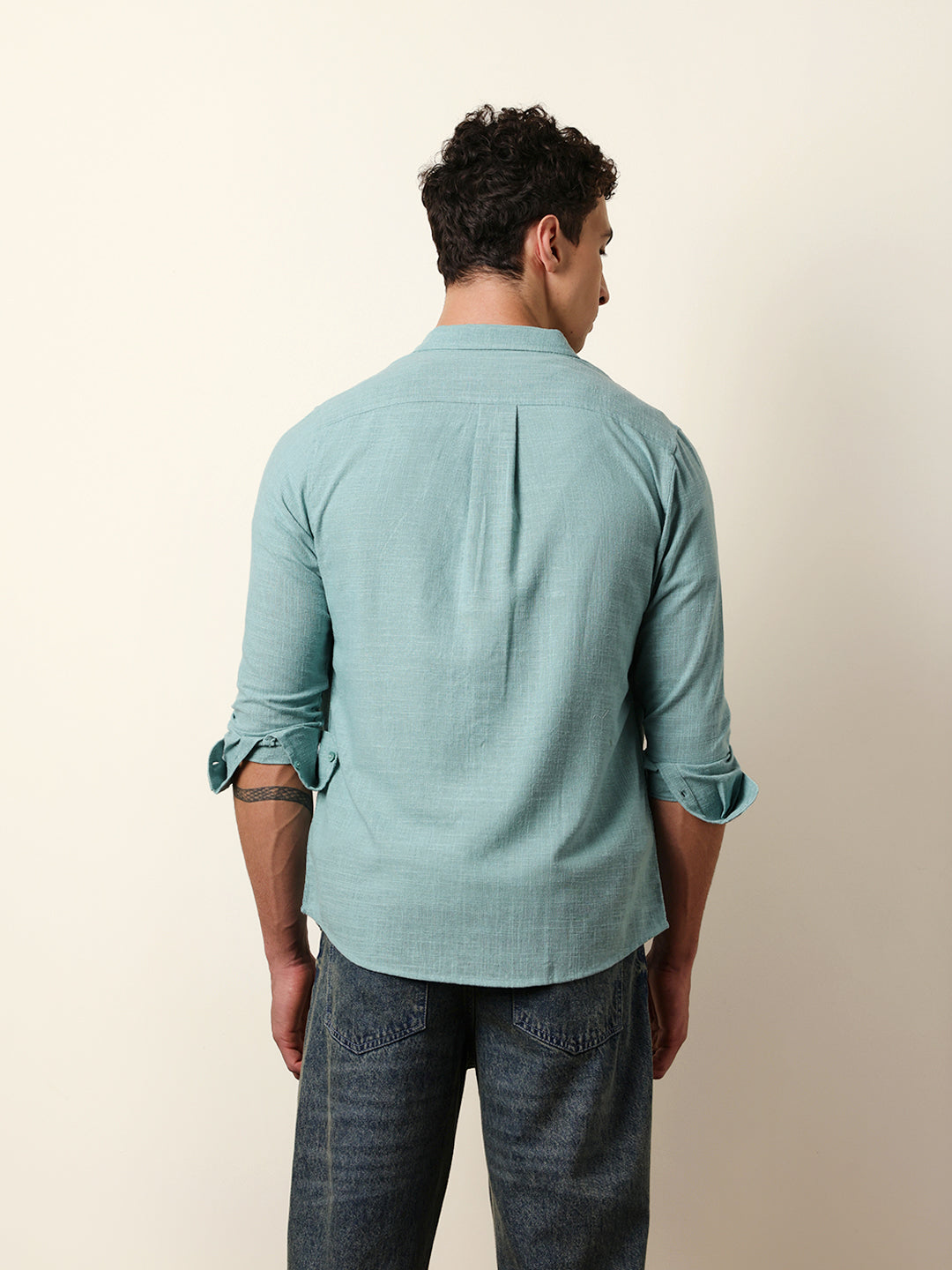 Teal Slub-Textured Woven Slim Fit Casual Shirt