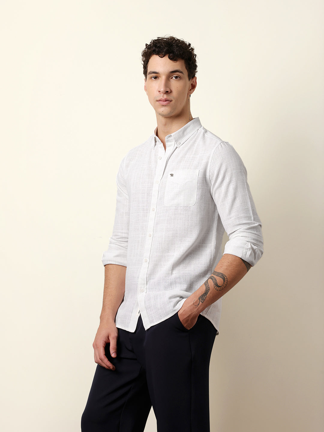 White Slub-Textured Woven Slim Fit Casual Shirt