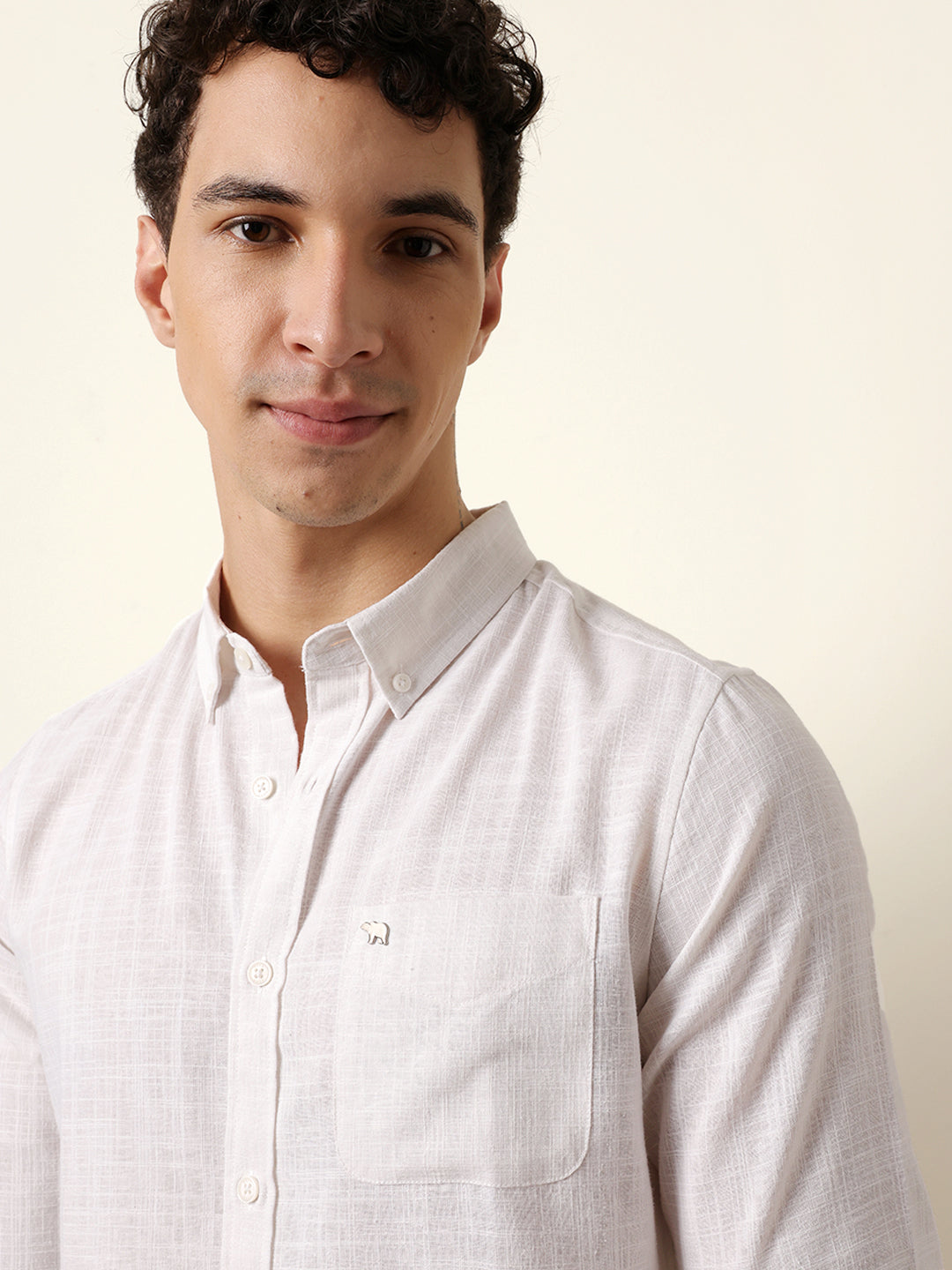 White Slub-Textured Woven Slim Fit Casual Shirt