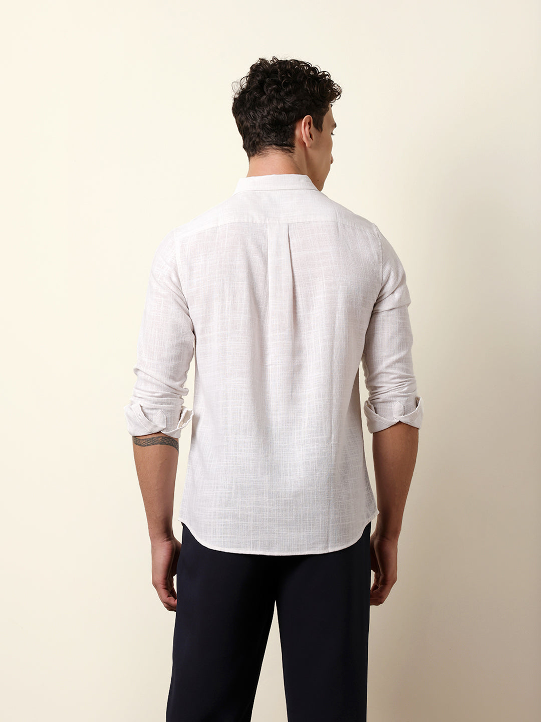 White Slub-Textured Woven Slim Fit Casual Shirt