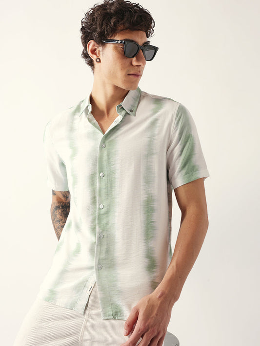 White & Green Vertical Brushstroke Print Regular Fit Casual Shirt