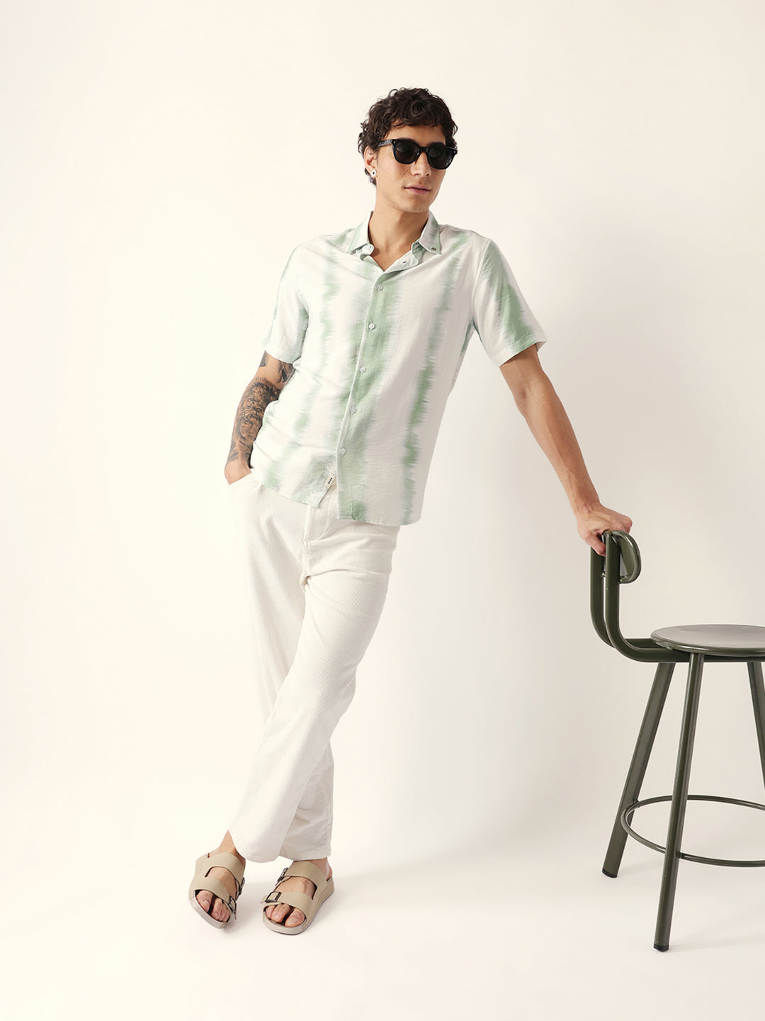 White & Green Vertical Brushstroke Print Regular Fit Casual Shirt
