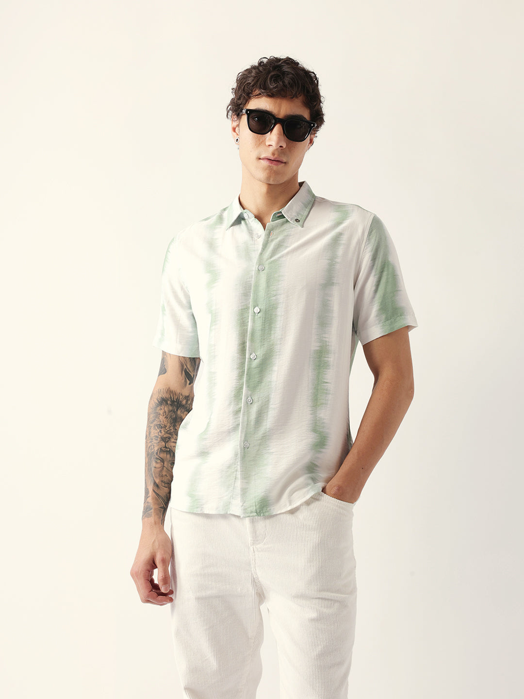 White & Green Vertical Brushstroke Print Regular Fit Casual Shirt
