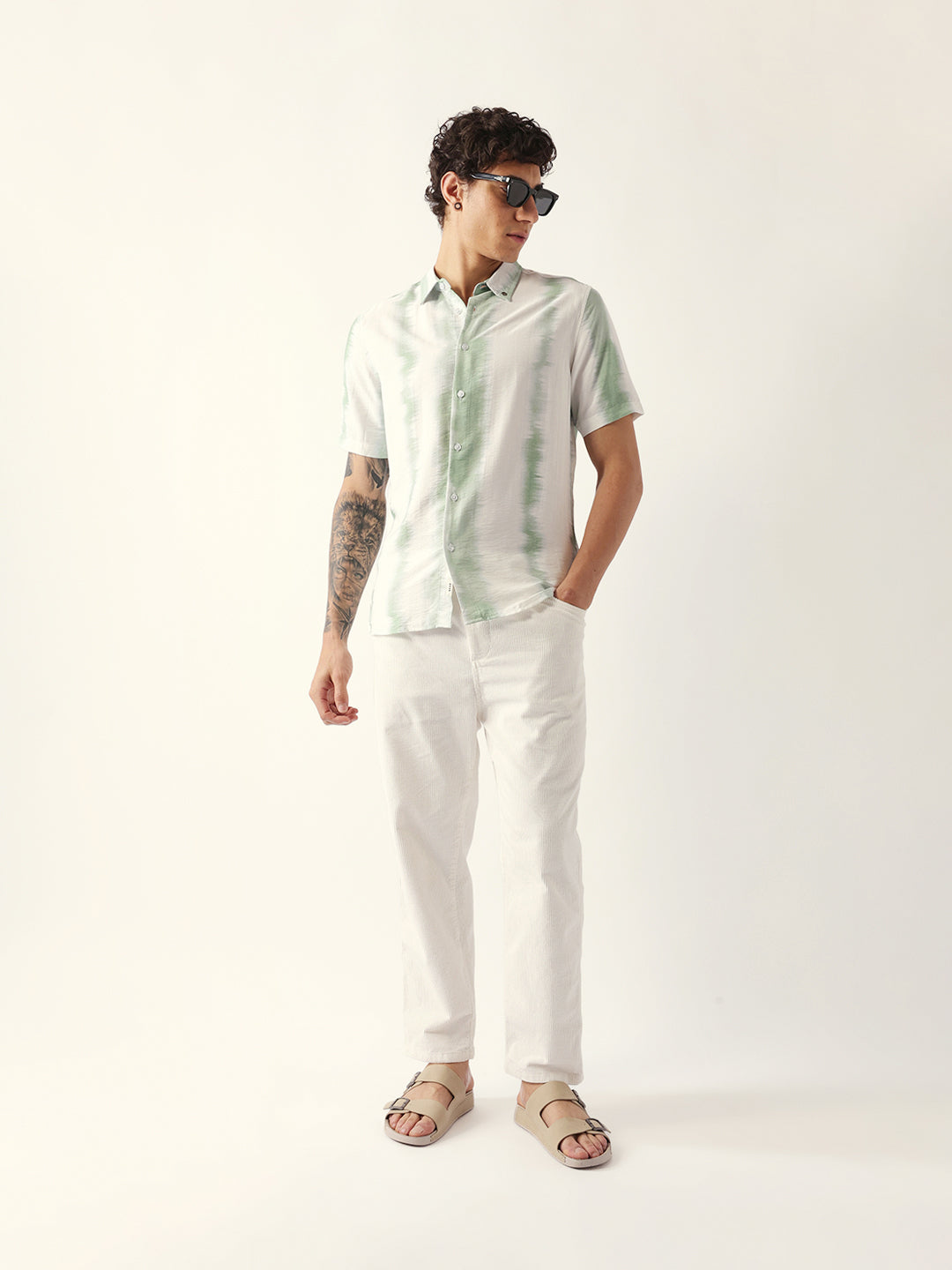 White & Green Vertical Brushstroke Print Regular Fit Casual Shirt
